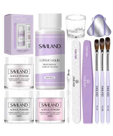 SAVILAND Acrylic Nail Kit for Beginners: Professional Nails Kit Acrylic Set 15g Clear/White/Pink Acrylic Powder and Liquid Monomer Set with Acrylic Nail Brush Nail Forms Dappen Dish Gift Set