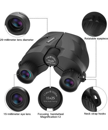 Compact 15x25 Waterproof Binoculars for Adults and Kids - Low Light Vision, Easy Focus - Ideal for Bird Watching - Black - Buy Online on SooperMarket.com