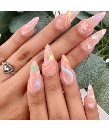 RUNRAYAY Nude Rainbow Press on Nails Medium with Clouds Design Fack Nails for Women Girls Pink Nails Press on Full Cover Nails Tips for Spring Summer Salon