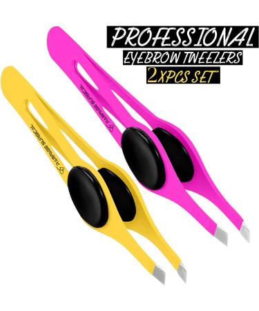 Professional Stainless Steel Slant Tip Eyebrow Tweezers Set | Non-Slip Grip for Ingrown Hair Removal | Yellow & Pink | 2 3xPcs Set - Buy Online on SooperMarket.com