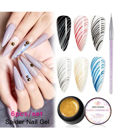 MEET ACROSS 6 Colors Spider Gel for Nail Art - Elastic Drawing Gel for UV LED Nails - DIY Manicure Kit with Brushes - Buy Online on SooperMarket.com