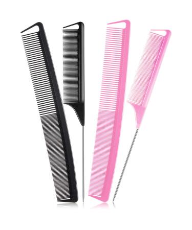 4 Pieces Carbon Fiber Parting Rat Tail Comb Cutting Comb Set Includes Stainless Steel Pintail Comb Teasing Comb Fine and Wide Tooth Comb Heat Resistant Hairdressing Comb for Braids Hair Salon Home
