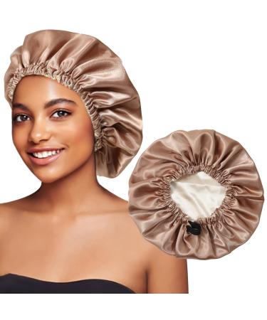 Satin Bonnet Silk Sleeping Cap - Silk Like Hair Wrap for Sleeping Large Reversible Hair Cap for Curly Hair Satin Bonnet for Women and Girls(Champagne+Coffee)