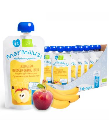 Organic Quetschies by Marmaluzi - Premium Baby Quetschie for children from 4 months - fruit puree without adding sugar and additives - apple & banana - 14 Pack (14 x 90g.)