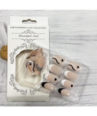 Black & White Swirl Almond Press On Nails | Full Cover False Nails | French Tip Heart Stick On Nails | Glossy Acrylic Nails for Women - Buy Online on SooperMarket.com