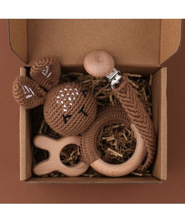 TIAN-K 3pcs Baby Shower Gift Set | Pacifier Chain Wooden Teether & Animal Rattle for Newborns - Buy Online on SooperMarket.com
