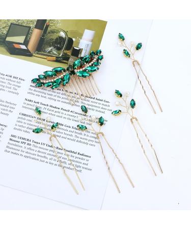 inSowni 7 Pieces Vintage Proms Bridal Wedding Glitter Emerald Green Rhinestone Crystal Gold Metal Hair Side Combs Slides U-shaped Hair Pins Accessories for Women Flower Girls Brides Bridesmaids - Buy Online on SooperMarket.com