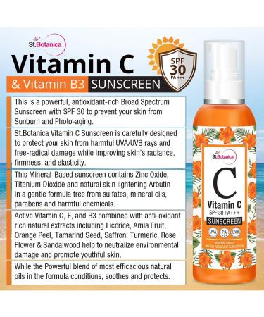 StBotanica Vitamin C Sunscreen SPF 30 PA+++ | Mineral-Based Water-Resistant UVA & UVB Protection - 120ml | International Shipping Available - Buy Online on SooperMarket.com