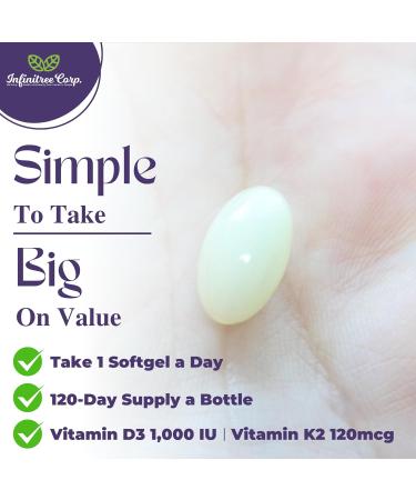 Infinitree Vitamin D3 (1000iu) + K2 (MK-7 / 120mcg) with Virgin Coconut Oil - 120 Softgels Immune Support Bone & Teeth Health High Absorption Made in Canada - Buy Online on SooperMarket.com