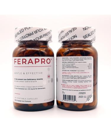 FERAPRO 30MG 100 CAPS | Vegan Iron Supplement | With Vitamin C 175mg Methylcobalamin 1000mcg 5-MTHF 80mcg and Glycine 100mg - Buy Online on SooperMarket.com