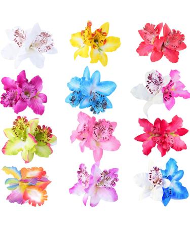 12 Pack Fake Artificial Silk Orchid Flower Hair Clips Floral Barrettes With Alligator Brooch Pins Tropical Hair Pieces Tailand Beach Holiday Wedding Hairstyle Hawaiian Party Accessory for Women Girl