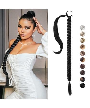 REECHO DIY Braid Ponytail Extension Long Straight Wrap Around Ponytail Hair Extensions Natural Soft Synthetic Hairpieces for Women - Black 150g 34Inch-150g Black