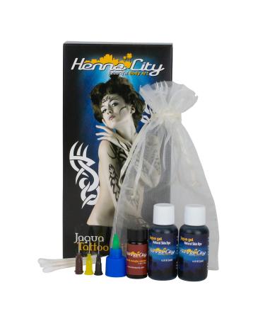 Henna City All-natural Jagua Tattoo Kit - (1 oz) | Temporary tattoos | Henna tattoo kit | henna | Fake tattoos | Semi permanent tattoo | henna cones | Henna stencils included | Organic henna jagua 1 Ounce