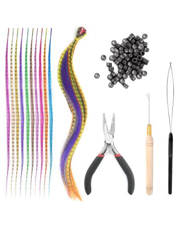 50 Pieces Colorful Synthetic Feather Hair Extensions with Iron Clip Hook and Loop 100 Silicone Loops Crochet Hair Extension Set Synthetic Hair Extension for Women Girls