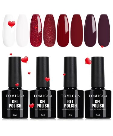 TOMICCA Gel Nail Polish Set- Red Glitter White Gel Polish Red Nail Gel Set UV Nail Gel Polish Set Home Salon DIY Dark Red Gel Nail Polishes Mothers Day Gifts for Women 4PCS