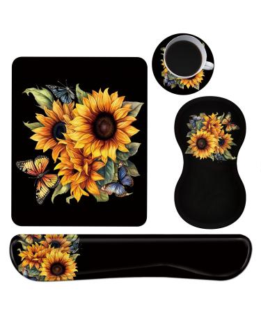 Keyboard Wrist Rest + Mouse Pad + Mouse Wrist Rest Support Set + Coaster Ergonomic Memory Foam Mouse and Keyboard Pad Set for Laptop Computer Office Home Working Gaming Sunflower Butterfly