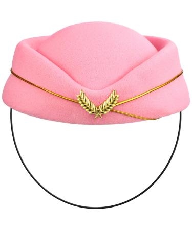 TENDYCOCO Women Stewardess Hat Felt Flight Attendant Air Hostess Hat Cosplay Costume Headwear Accessories for Halloween Party Supplies Pink One Size