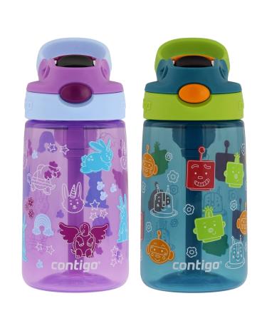 Contigo 14 oz Kids Plastic Water Bottle with Straw Lid 2 Pack - Purple Bunnicorns and Blue Friendly Bots