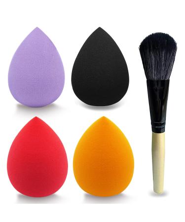 Makeup Sponge Blender Set of 4 Pcs & Foundation Brushes 1Pcs Mocarheri Soft Sponge For Liquid Foundation Creams and Powders Latex Free Wet and Dry Makeup Sponge (Orange/Lihgt Purple/Red/Black) Light purple Black Red Orange