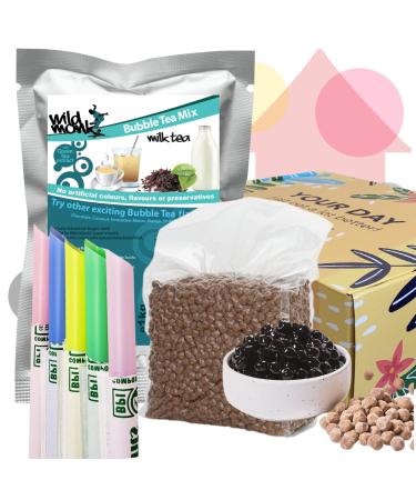 Wild Monk Bubble Tea Kit - Bubble Tea Set for Boba Tea at Home - Set Contains Milk Tea Powder (1kg) 1kg Tapioca Pearls 5X Bubble Tea Colourful Compostable Straws Paper Straws