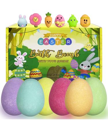 QINGQIU 6 Pack Easter Bubble Bath Bombs with Easter Squishy Toys Inside for Kids Girls Boys Easter Basket Stuffers Gifts