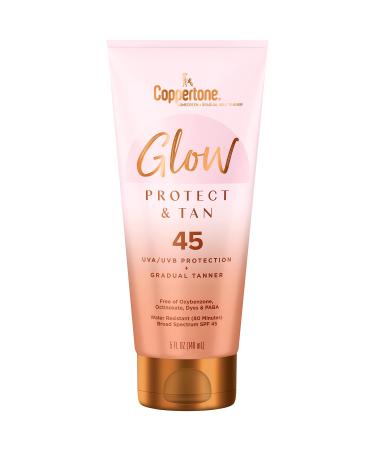 Coppertone Glow Protect and Tan Sunscreen Lotion with Gradual Self Tanner SPF 45, Water Resistant Sunscreen, SPF 45 Broad Spectrum Sunscreen SPF 45, 5 Fl Oz Tube 5 Fl Oz (Pack of 1)