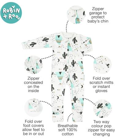 100% Cotton Two-Way Zipper Baby Sleepsuit 3-6 Months - Unisex Footless Romper with Double Zip, Fold Over Cuffs - Teepee Design - Buy Online on SooperMarket.com