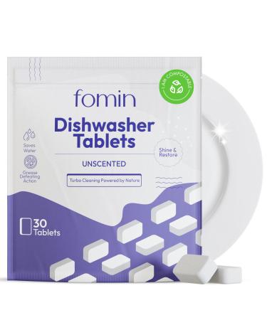 Fomin Dishwasher Detergent Tablets- 30 Count - Deep Cleaning & Deodorizer Tablets Plastic-Free Septic Safe Natural Dishwasher Cleaner Tablets - Sparkling & Clear Dishes