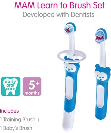 MAM Baby's Brush Set (2 Training Toothbrushes 1 Safety Shield) Baby Toothbrushes with Brushy the Bear Interactive App For Boy 5+ Months Blue - Buy Online on SooperMarket.com