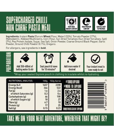 Torq Explore Vegan Chilli Non Carne Pasta Meal - Dehydrated Expedition Food with 25g Protein - 100g Carbs - 500cal - Buy Online on SooperMarket.com