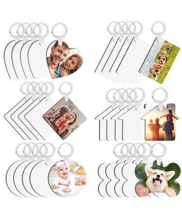 90Pcs Sublimation Keychain Blanks Bulk  MDF DIY Blank Keychain with Key Rings  Heat Transfer Keychain for Present Making  Double-Side Printed  6 Shapes Sublimation Ornament Blanks Type 1
