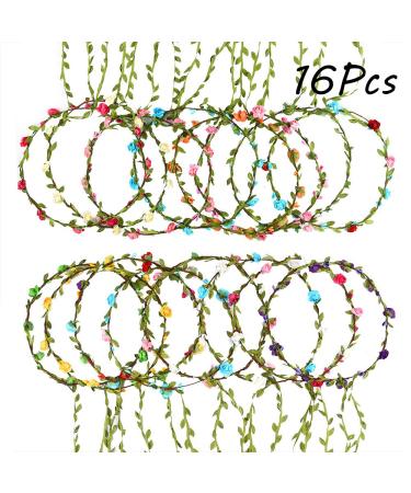 FEPITO 16 Pieces Flower Crown Flower Headband Garland Flower Wreath Headband for Festival Wedding 1 piece (16 pack)