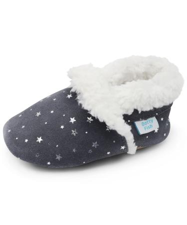 Dotty Fish Suede Baby Slippers. Warm Fleece Lined. Infant Toddler Shoes. Non-Slip Soft Sole. Boys Girls. 0-6 Months - 5-6 Years 18-24 Months Silver Stars