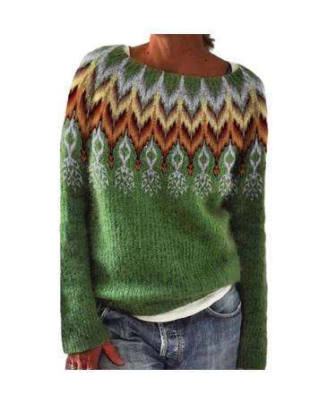 Tainrunse Sweater for Women Loose Fit Vintage Round Neck Long Sleeves Color-block Fashionable Pullover Autumn Green XX-Large