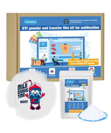 Yamation DTF Transfer Film and Powder for DTF Sublimation Printer  8.3 11.7 inch 15 Sheets DTF PET Film Sheets and 8.8oz White Hot Melt Adhesive Direct to Film for T-Shirt 15sheets film and 8.8oz powder