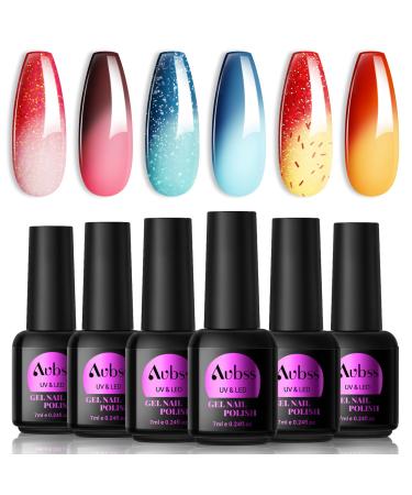 AUBSS Colour Changing Gel Nail Polish Set 6 Colours Temperature Change Gel Polish Thermal Mood Chameleon Soak Off UV Gel Nail Kit Red Blue Orange for Home DIY Women Gifts Blue Red Rose