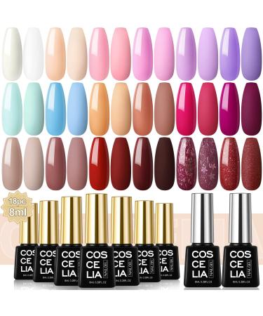 COSCELIA 20Pcs Gel Nail Polish Set with Base and Top Coat  18 Glitter Nail Polish Spring Colors Nude Red Pink Soak Off UV LED Nail Polish Starter Kit for Manicure DIY Salon Gift for Women