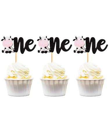 Keaziu 24 Pack Cow one Cupcake Toppers Happy Birthday Cupcake Decorations for Cow Farm Animal Zoo Themed Kids Boy Girl Birthday Party Supplies Three Layers Party Decor Cow One Pink