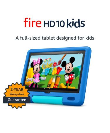 Amazon Fire HD 10 Kids tablet, ages 3-7. Top-selling 10" kids tablet on Amazon - 2022. A bigger screen and faster performance tablet for kids, Sky Blue Sky Blue Standalone Fire Kids tablet