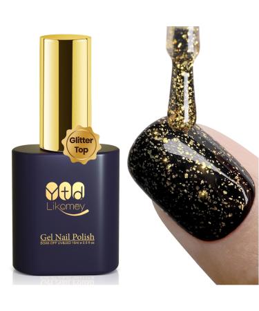 YTD Likomey Gel Polish Gold Foil Top Coat Glossy No Wipe Long Lasting Shiny Finish Clear Gold Glitter Sparkle Fall Winter Salon Home DIY UV Manicure Nail Art Varnish UV Nail Gel 15ml 0.5 Fl Oz Gold Foil Top Coat 0.5 Fl Oz (Pack of 1)