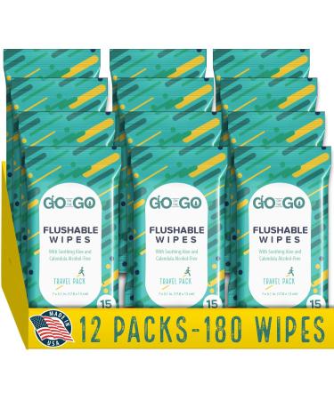Go on The Go Flushable Wet Wipes for Travel - Biodegradable, Alcohol-Free, with Soothing Aloe and Calendula, 12 Packs of 15 Count Each (180 Wipes Total) - Made in The USA