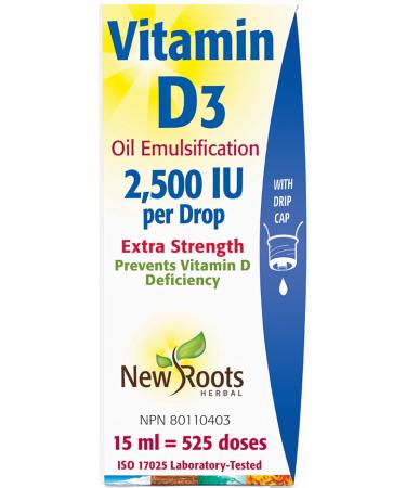 New Roots Herbal - Vitamin D3 Oil Emulsification Extra Strength 2500 IU per Drop 15ml - Helps to Prevent Vitamin D Deficiency - Helps in the Development and Maintenance of Bones and Teeth - Support Immune Function 15 ml (Pack of 1) 2500 IU