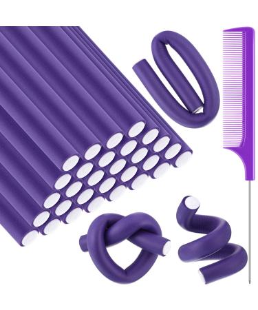 30 Pieces Flexible Curling Rods Twist Foam Hair Rollers Soft Foam No Heat Hair Rods Rollers and 1 Steel Pintail Comb Rat Tail Comb for Women Girls Long and Short Hair (9.45 x 0.55 Purple) 9.45x0.55 Inch (Pack of 30) Purple