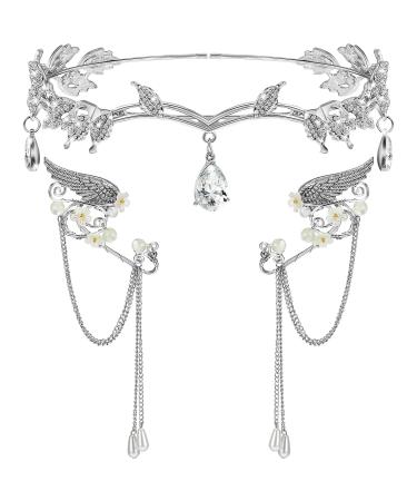 3 Pieces Rhinestone Leaf Headband and Elf Ear Cuffs Crown Headband Earrings Accessories for Cosplay Decoration Silver