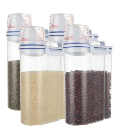 AKOLAFE 4 Pack Flour Container 5LB Pantry Food Storage Containers with Lids Airtight & Measuring Cup Small Air Tight Rice Holder Bin Plastic Cereal Grain Dispenser Kitchen for Sugar Dry Goods Pet Food