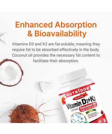 Nutridom Vitamin D3 + K2 1000IU/120MCG | MK-7 K2 with Cholecalciferol D3 in Coconut Oil | Helps Support Bones Teeth and Immune Function | Non-GMO Gluten-free and Dairy-free (300 Count) 300 count (Pack of 1) - Buy Online on SooperMarket.com