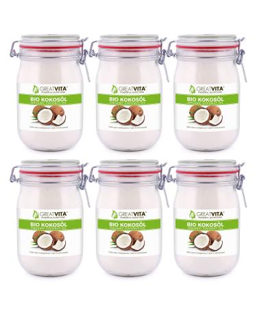 GreatVita Organic Coconut Oil virgin pack of 6 (6 x 1000 ml) in a swing top jar 1 l (pack of 6) Single