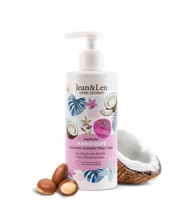 Jean & len exotic hand soap coconut & macadamia cleans your hands gently liquid soap in the pump dispenser ensures a smooth skin exotic fragrance without parabens & silicones vegan 250 ml