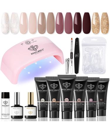 Modelones Poly Nail Gel Kit with 20W Nail Lamp 6 Colors Poly Nail Extension Gel All-in-one Kit Glitter Pink Red Builder Nail Gel Nail Strengthen Base Top Coat Set Nail Forms for Nail Art DIY at Home A1-Glitter Pink Red