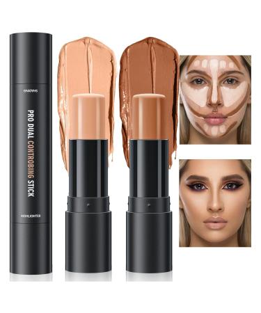 Double-Headed highlighter Stick - 2 in 1 Waterproof Concealer & Bronzer Contouring Stick Face Makeup Shades & Brightens Pencil for Face Body (02#Lotus Color+ Light Brown)